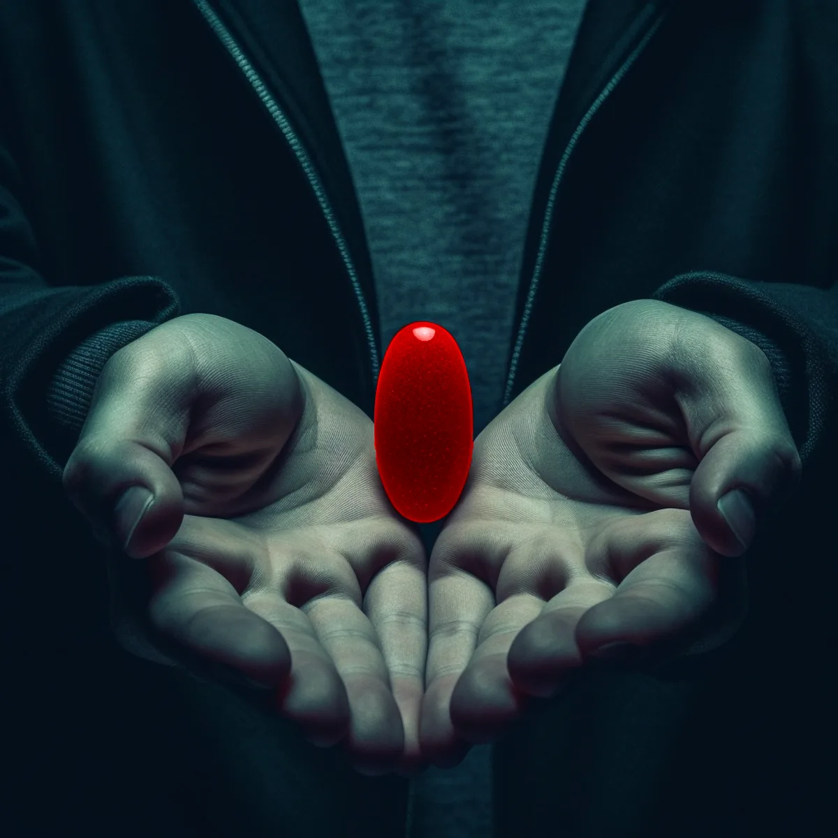 Two open hands, one holding a red pill and the other a blue pill