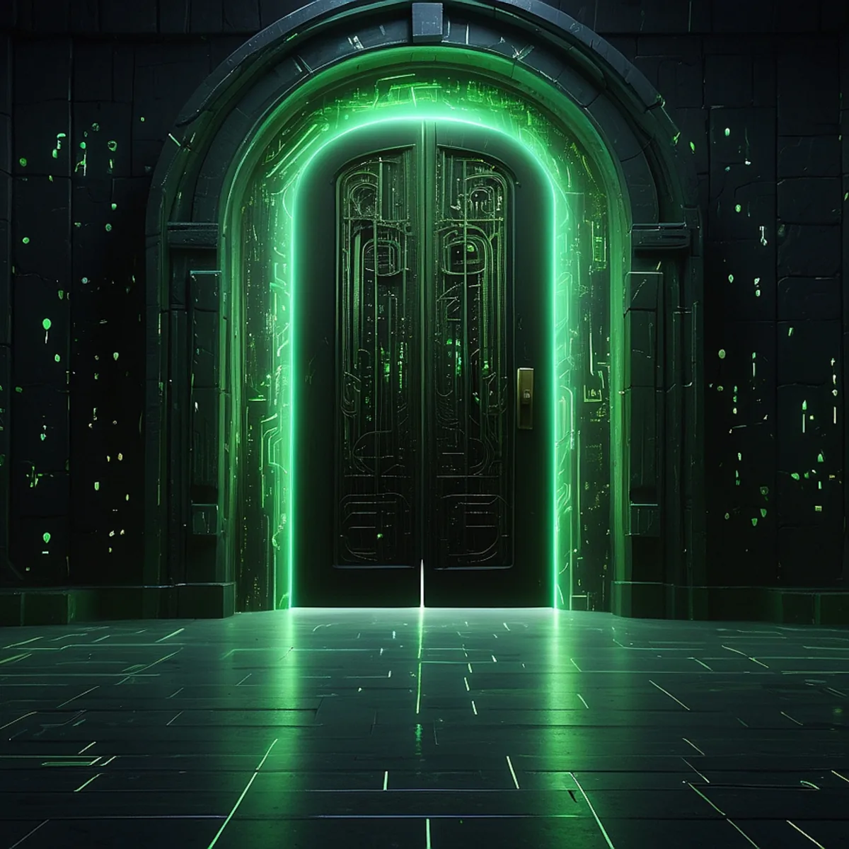 A single lit doorway at the end of a dark corridor