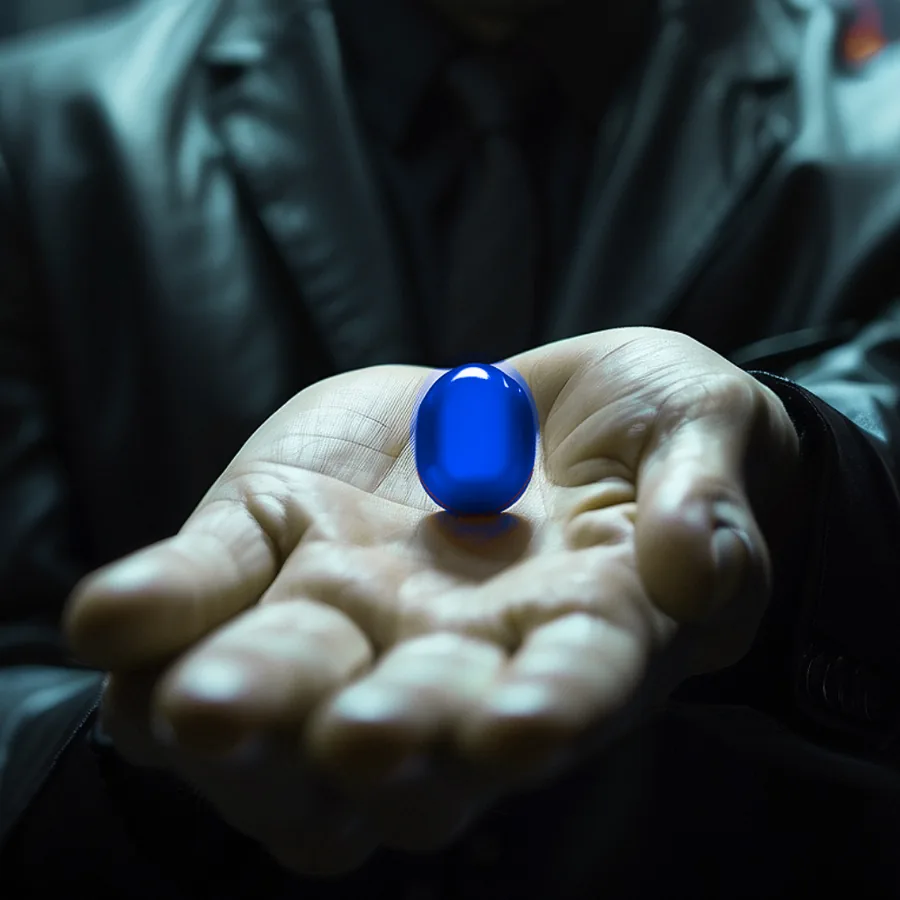 An open palm holding a glowing blue pill