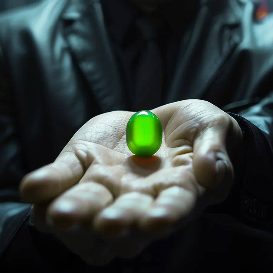 An open palm holding a glowing green pill