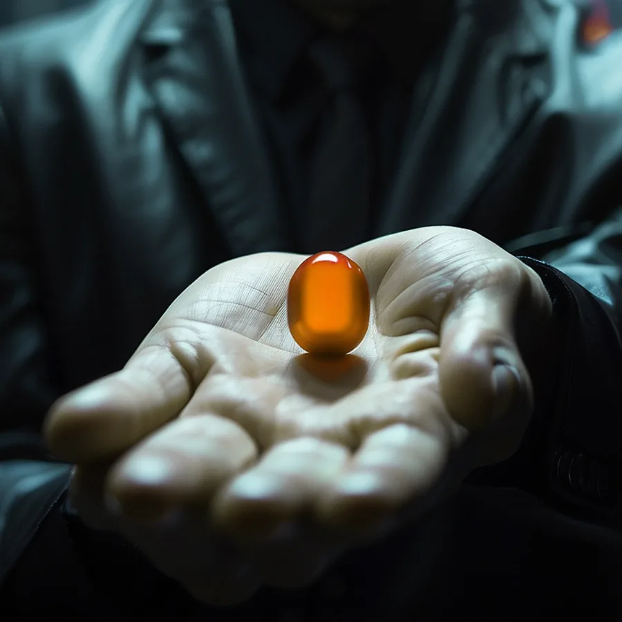 An open palm holding a glowing orange pill