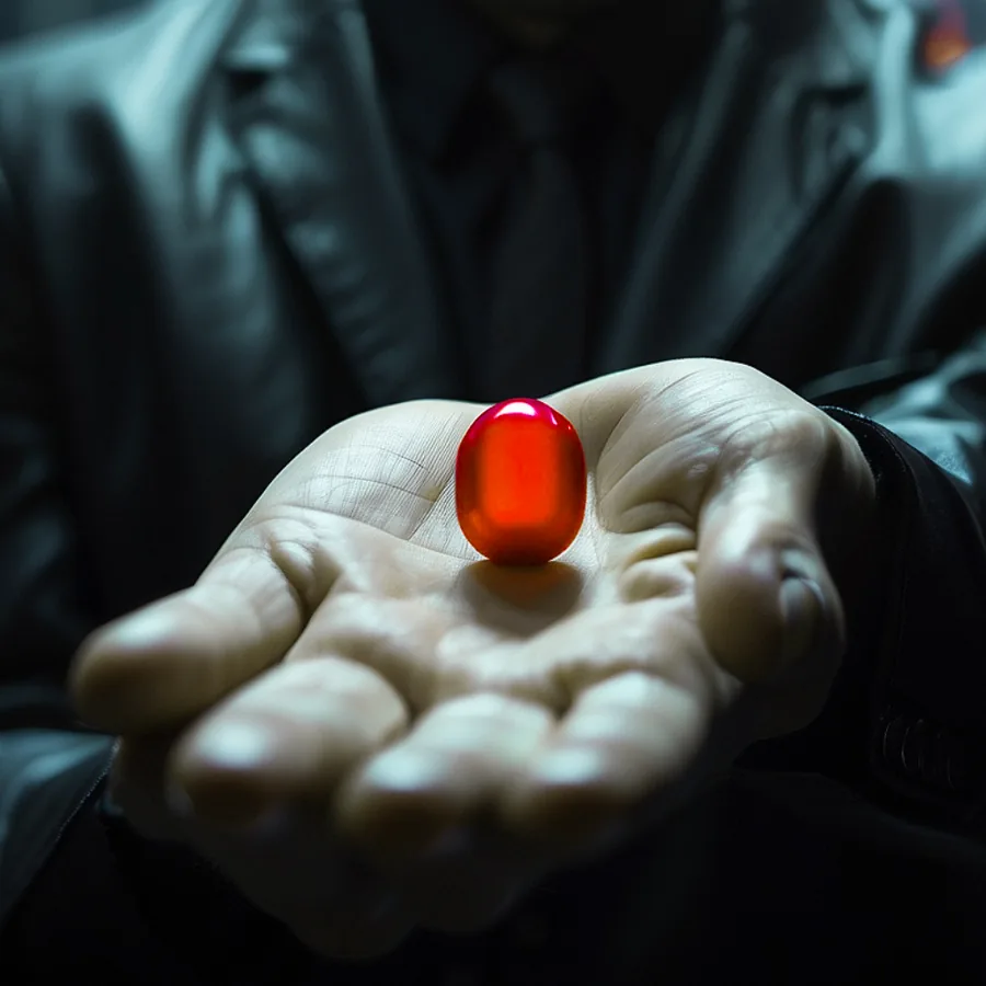 An open palm holding a glowing red pill