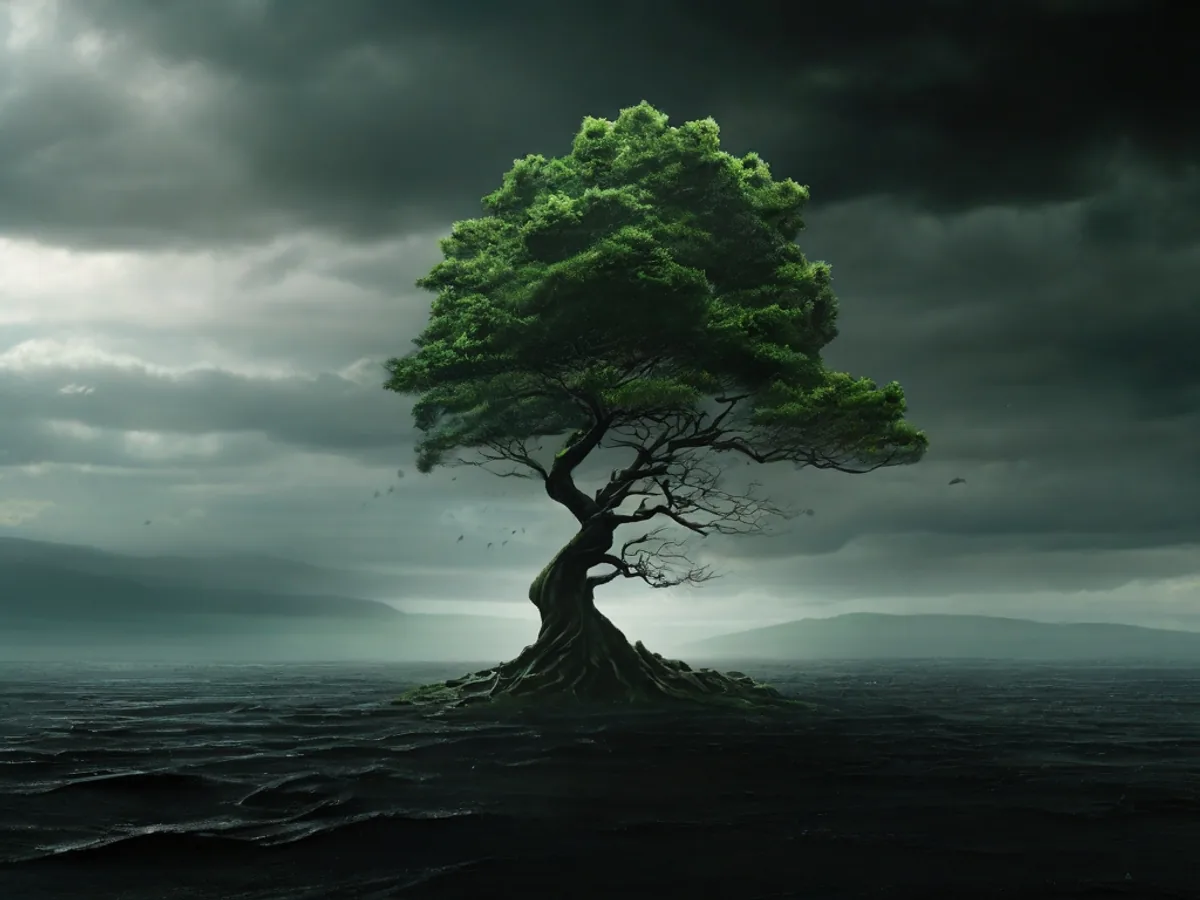 A lone tree standing under a heavy sky