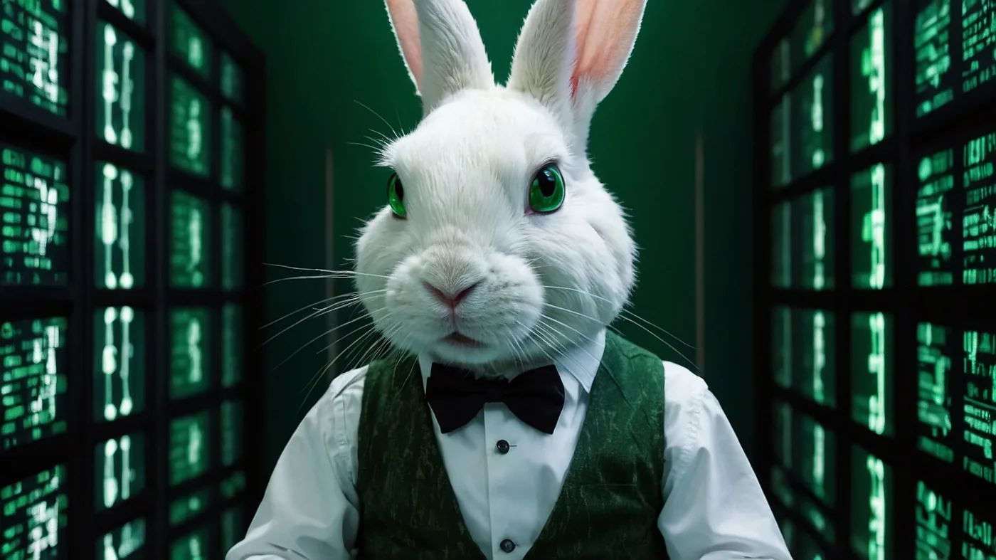 A white rabbit in a tuxedo standing before racks of servers